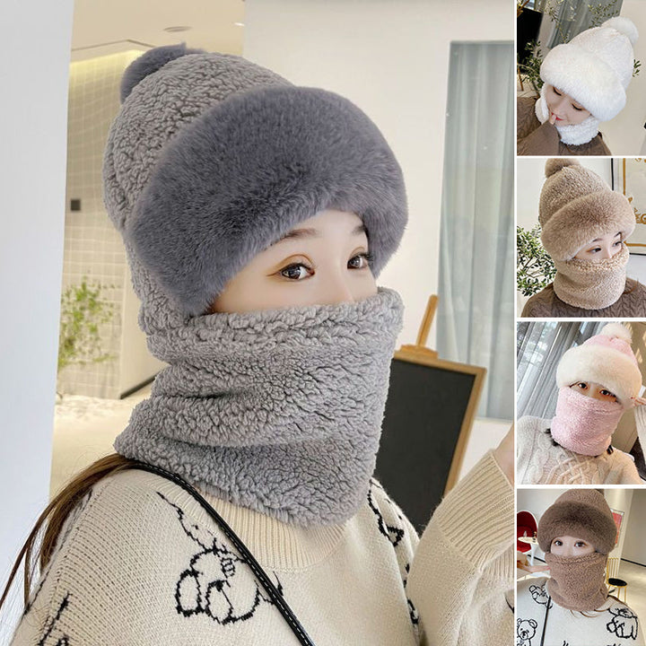"Kvinnors vintermaskhalsduk med pälsboll, inbyggd mössa, trendiga färger, eleganta dameraccessoarer för vintertid."