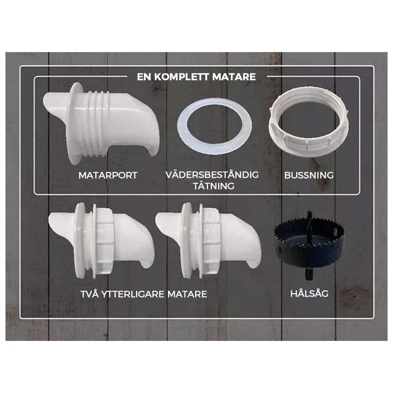 "Kyckling utfodringsverktyg i plast, vit och röd/svart, optimerar fjäderfäets utfodring med väderskyddad design."