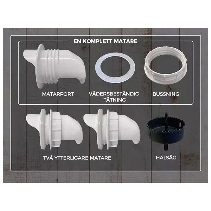 "Kyckling utfodringsverktyg i plast, vit och röd/svart, optimerar fjäderfäets utfodring med väderskyddad design."