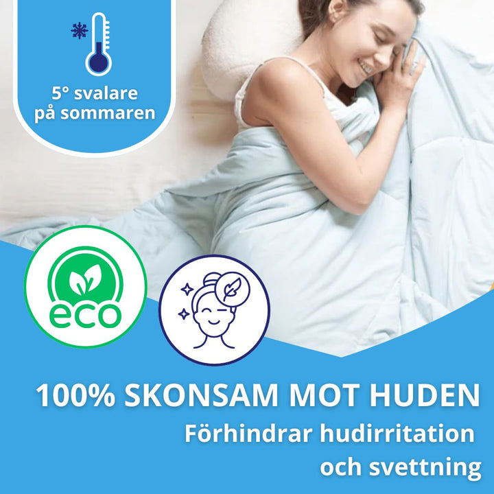 Svalkande sommartäcke i resväv för optimal sovkomfort. Andningsbart kyltäcke förbättrar sömnkvaliteten.