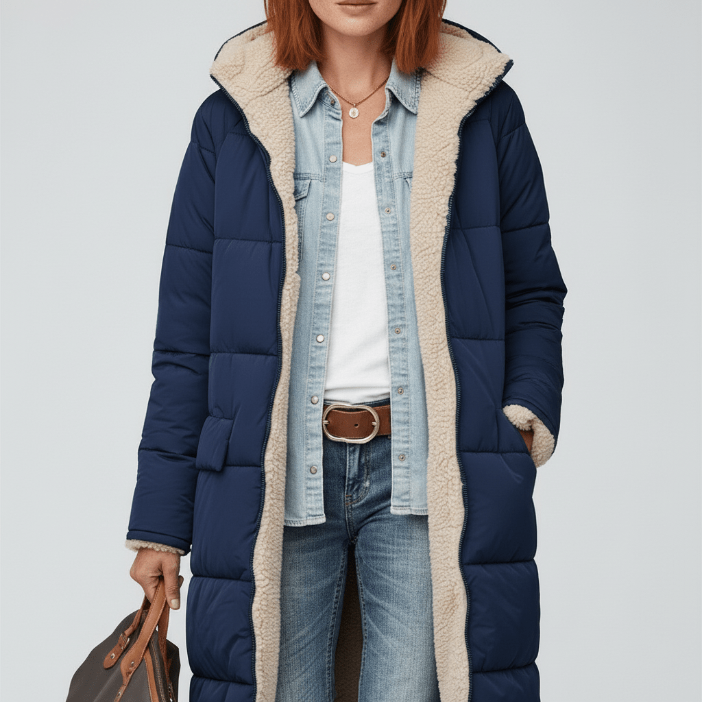 Lång dam vinterkappa Lillian, varm quiltad puffer för kyliga dagar och elegant vardagsstil.