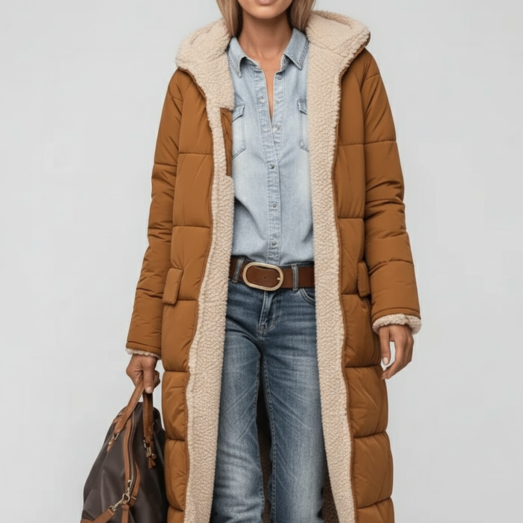 Elegant lång damvinterkappa, en varm och trendig puffer för kalla dagar.