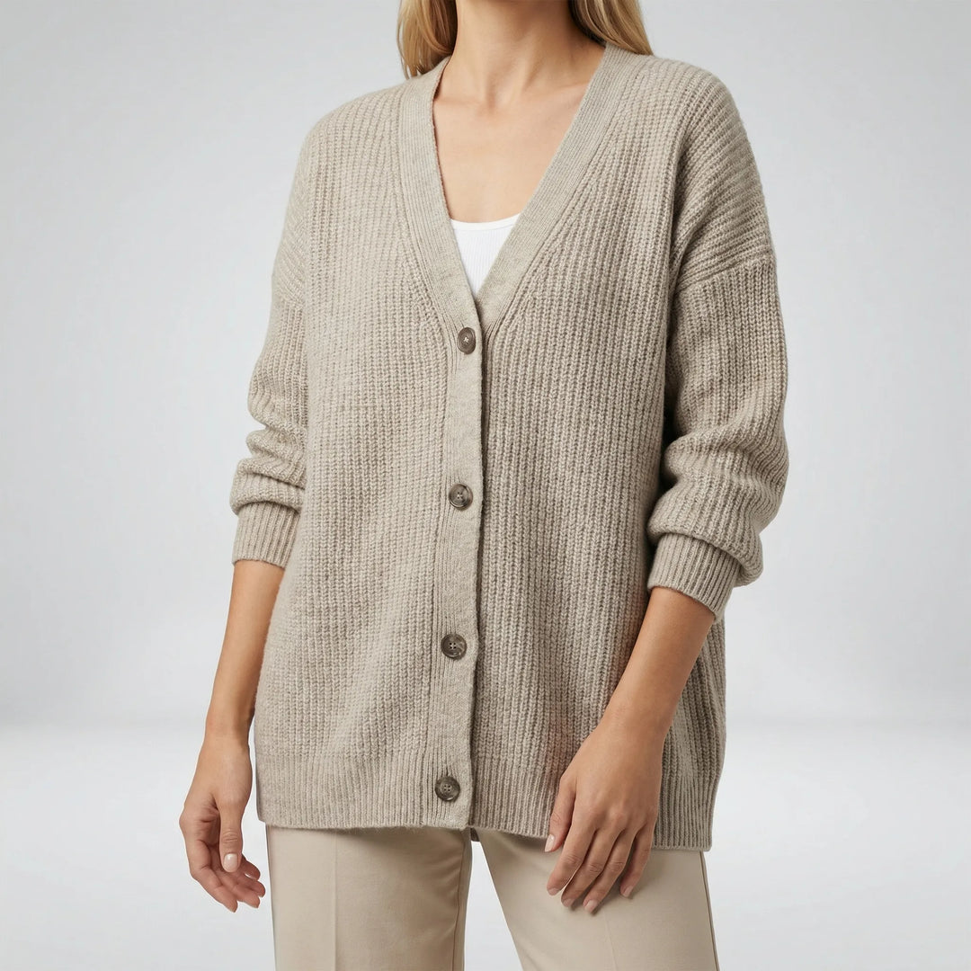 Elegant lång cardigan med öppen framkant för dam, idealisk för lager-på-lager och ledigt vardagsmode.