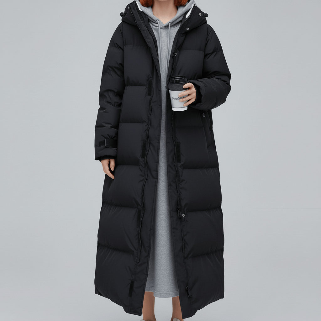 Varm vinterkappa för dam, lång och vadderad med huva. Abigail-modell, ett elegant ytterplagg för kyla.
