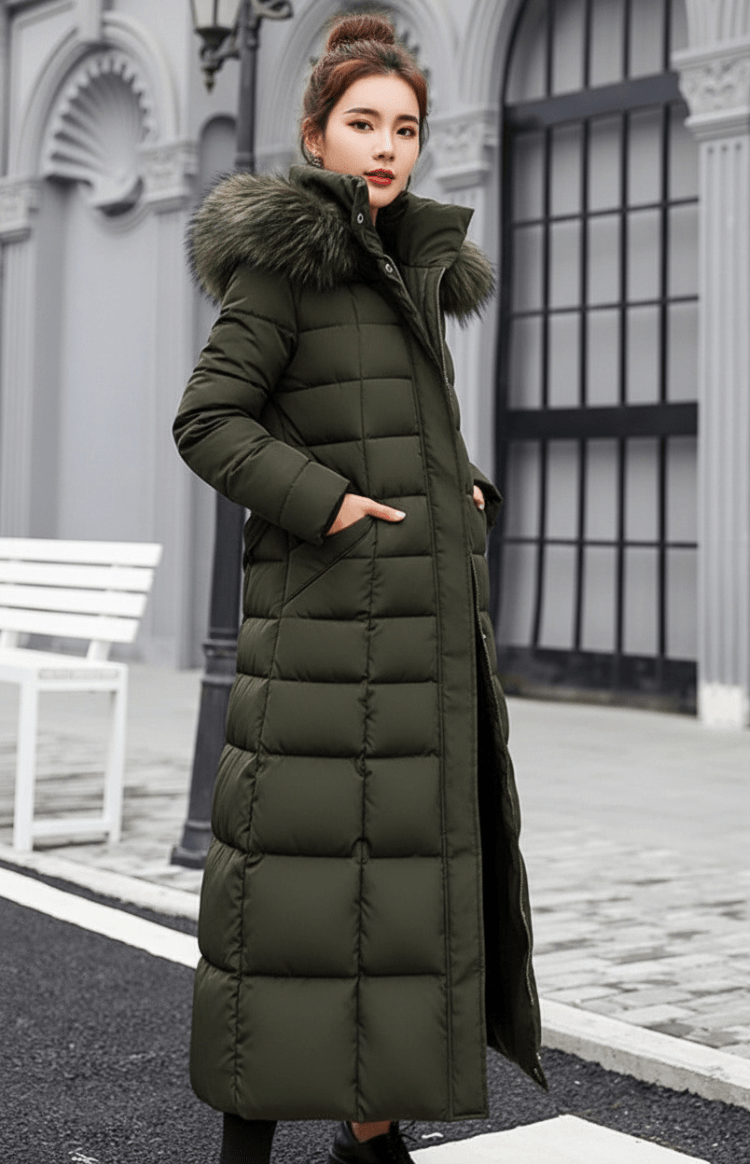 Modern lång vadderad parkas Natalie för dam. Vinterkappa med huva, perfekt som ytterplagg i kyligt väder.