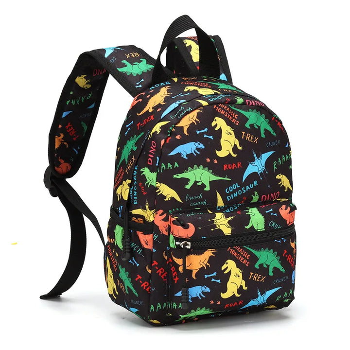 Mönstrad barnväska/ryggsäck med dinosaurie-design, lättviktig för småbarnsförskolan.