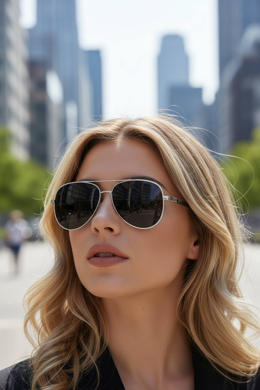 Dam aviator solglasögon för optimal sikt, lätta med UV400 solskydd och modern design.