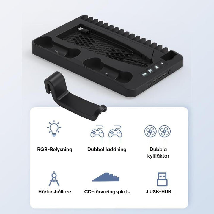 "Laddningsstation kylstativ för PS5 kontroller med RGB-belysning, svart och vit design, plats för 16 spel."
