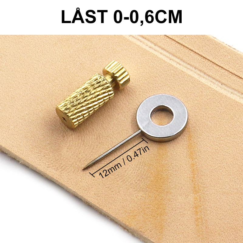 "Läderhantverksverktyg i mässing och stål för suturering, med skyddande design och enkel användning för läderbearbetning."