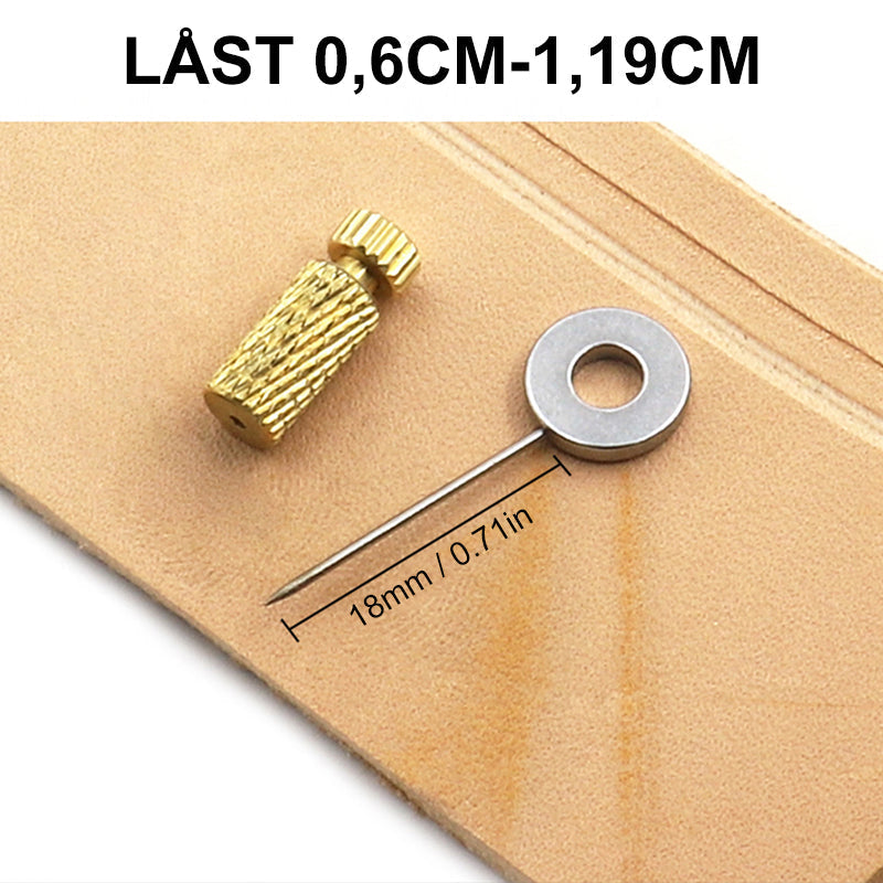 "Läderhantverksverktyg i mässing och stål för suturering, med skyddande design och enkel användning för läderbearbetning."