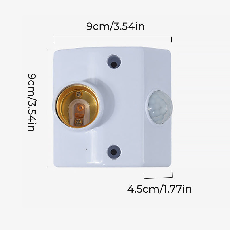 "Lamphållare med rörelsesensor för trappbelysning, vit med IP65 skydd, detektionsvinkel 180°, lämplig för E27-sockel."