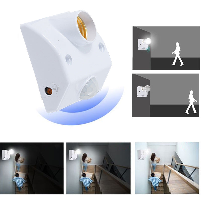 "Lamphållare med rörelsesensor för trappbelysning, vit med IP65 skydd, detektionsvinkel 180°, lämplig för E27-sockel."
