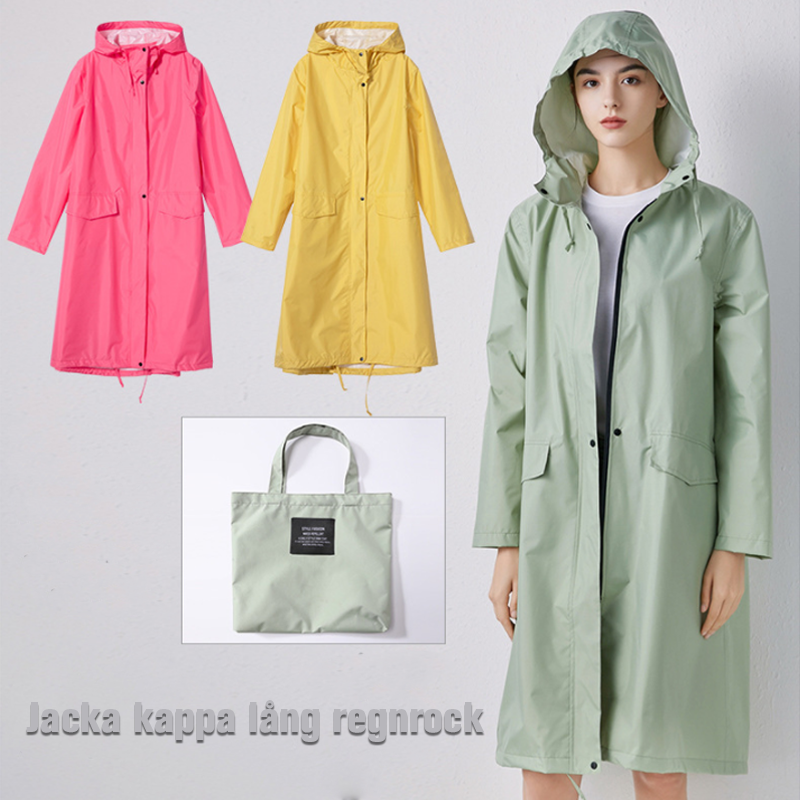 "Lång vattentät regnrock med huva för kvinnor i lila, elegant design, framifrån, polyester och TPU-material."