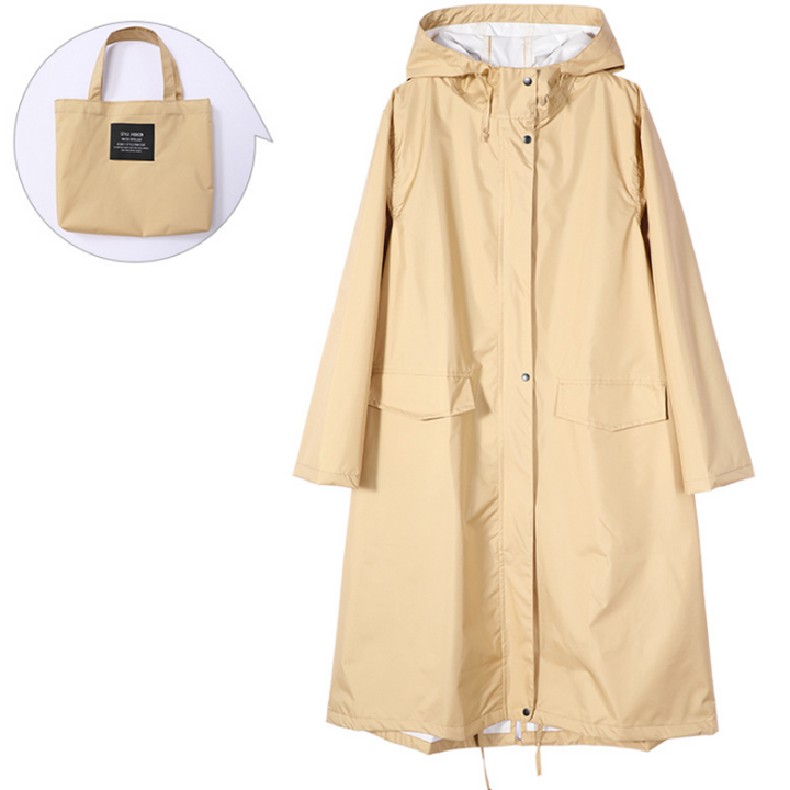 "Lång vattentät regnrock med huva för kvinnor i lila, elegant design, framifrån, polyester och TPU-material."