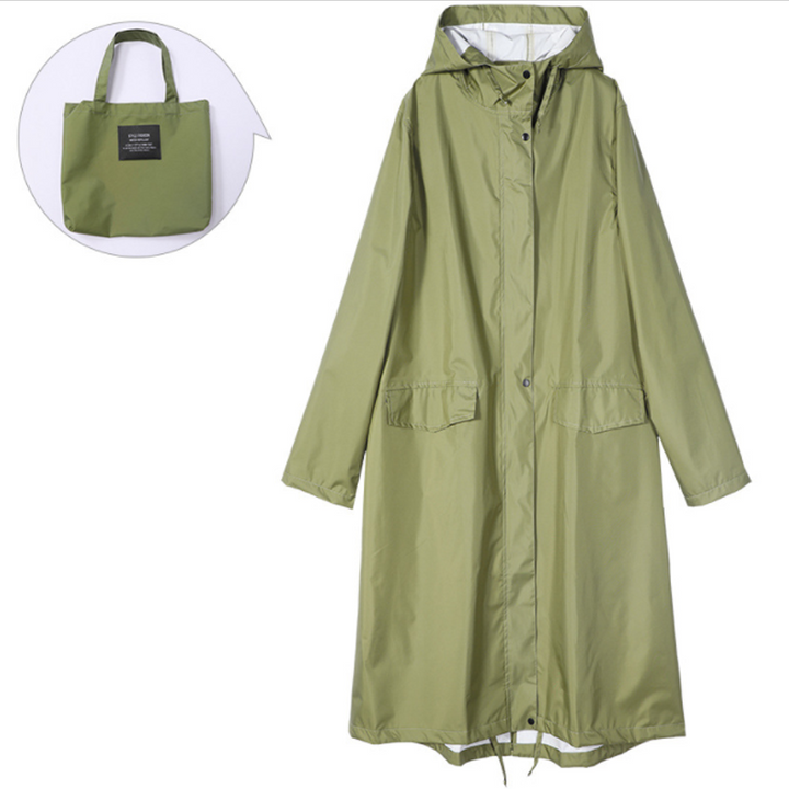 "Lång vattentät regnrock med huva för kvinnor i lila, elegant design, framifrån, polyester och TPU-material."