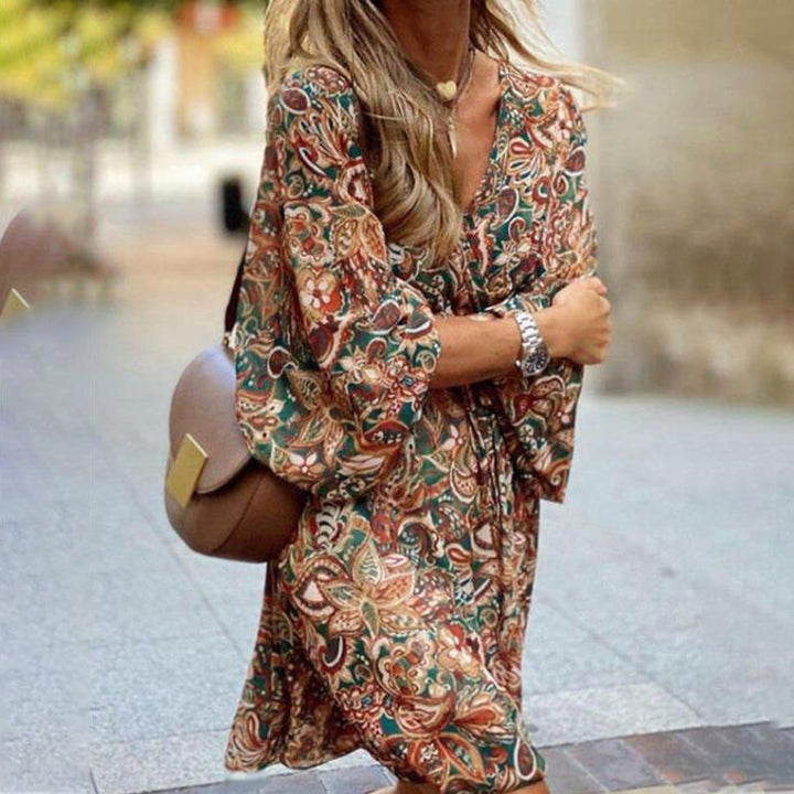 Långärmad boho A-linje klänning, knälängd, 'V'-ringning, polyester, lös passform, bekväm för vår och sommar.