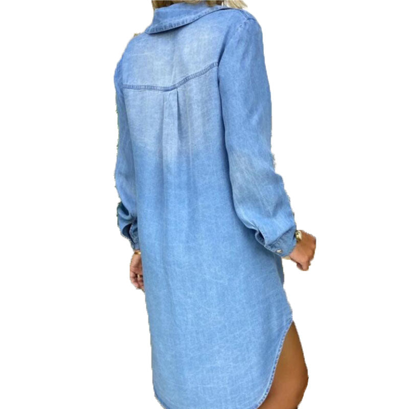 "Långärmad denim skjorta klänning för damer, lös passform med knappficka och casual skjortkrage, knälång stil."