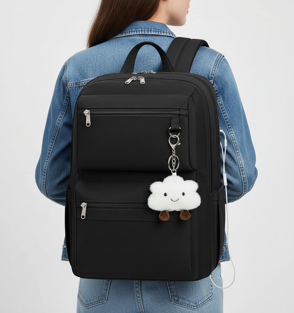 Vattentålig laptopryggsäck ComfortPack med USB-port, organiserade fack för skola, arbete och resor, svart.