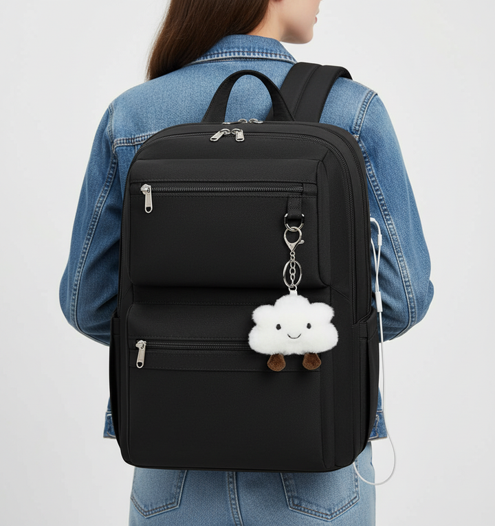 Vattentålig laptopryggsäck ComfortPack med USB-port, organiserade fack för skola, arbete och resor, svart.