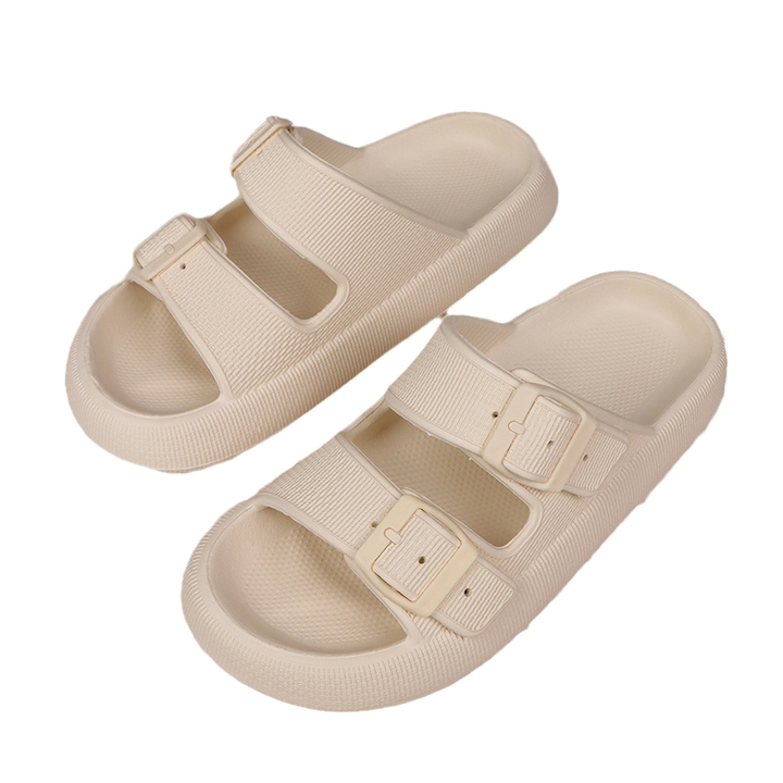 "Lätta Eva damsandaler med tjock sula, 4,3 cm klack, djup hälkopp, stilren design, perfekt för alla aktiviteter."