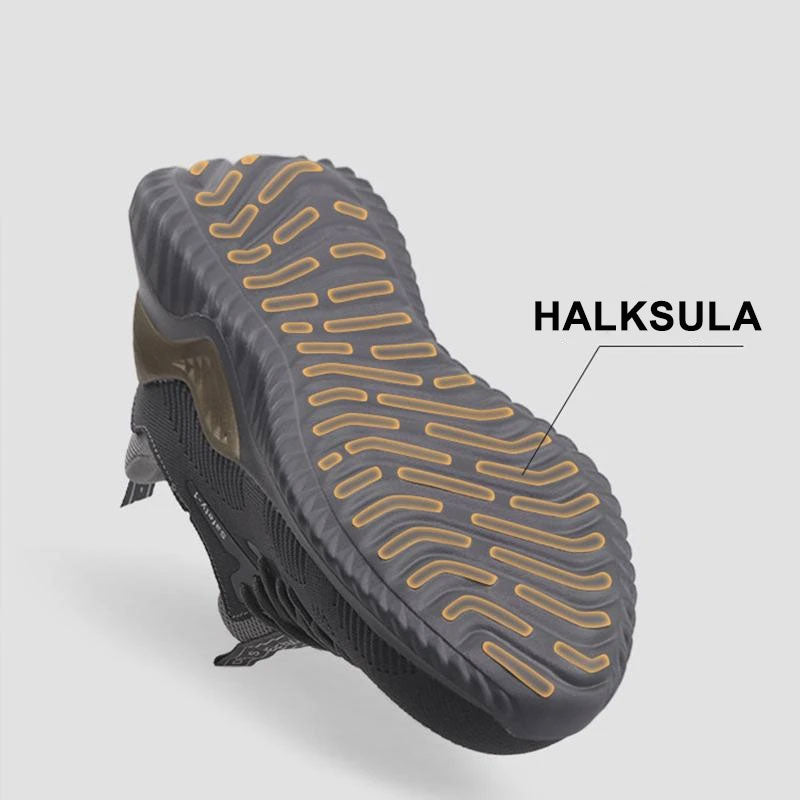 "Lätta och slitstarka skyddsskor för män och kvinnor, med svart nätmaterial och starka halksäkra sulor."
