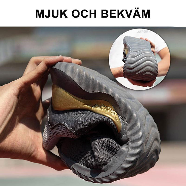"Lätta och slitstarka skyddsskor för män och kvinnor, med svart nätmaterial och starka halksäkra sulor."