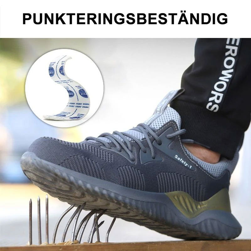 "Lätta och slitstarka skyddsskor för män och kvinnor, med svart nätmaterial och starka halksäkra sulor."