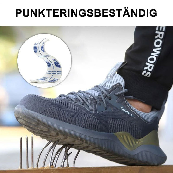 "Lätta och slitstarka skyddsskor för män och kvinnor, med svart nätmaterial och starka halksäkra sulor."