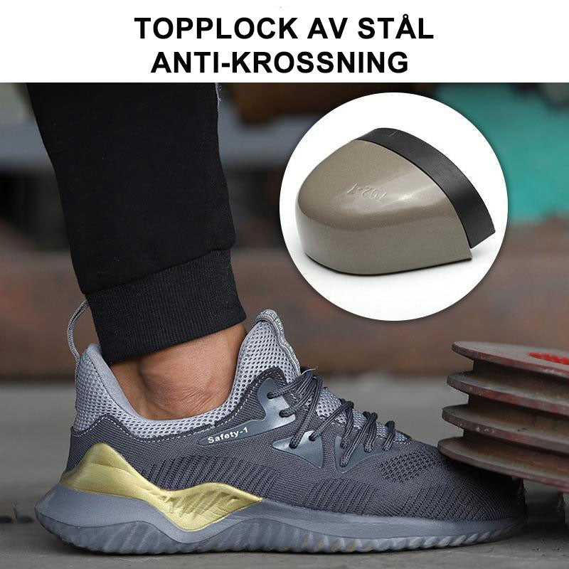 "Lätta och slitstarka skyddsskor för män och kvinnor, med svart nätmaterial och starka halksäkra sulor."