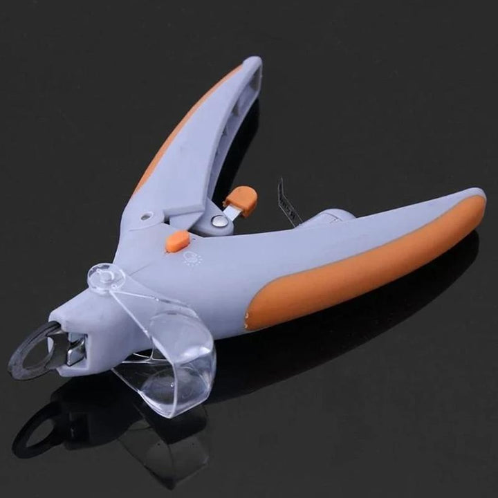 "LED-belyst nagelklippare för husdjur med rostfria stålblad och inbyggd nagelfil, idealisk för hundar och katter."