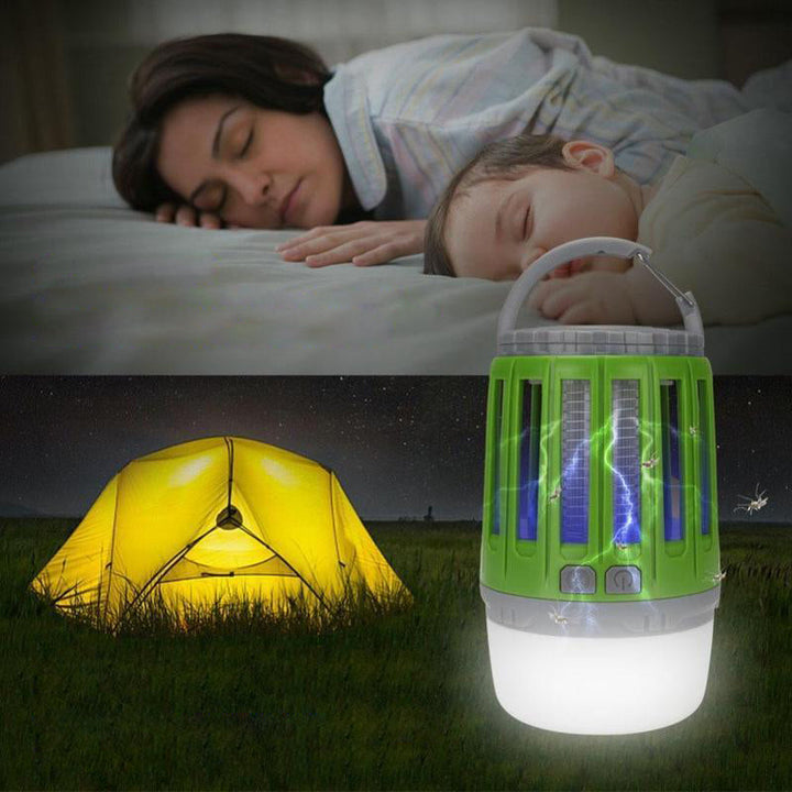 LED campinglampa, myggdödare, vattentät, grön-gul-grå, kompakt design, uppladdningsbar för utomhusbruk.