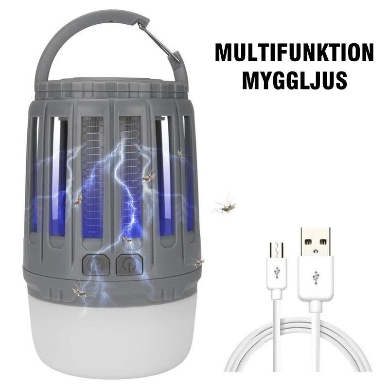 LED campinglampa, myggdödare, vattentät, grön-gul-grå, kompakt design, uppladdningsbar för utomhusbruk.