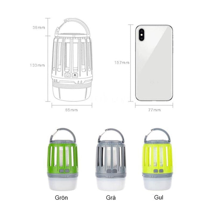 LED campinglampa, myggdödare, vattentät, grön-gul-grå, kompakt design, uppladdningsbar för utomhusbruk.