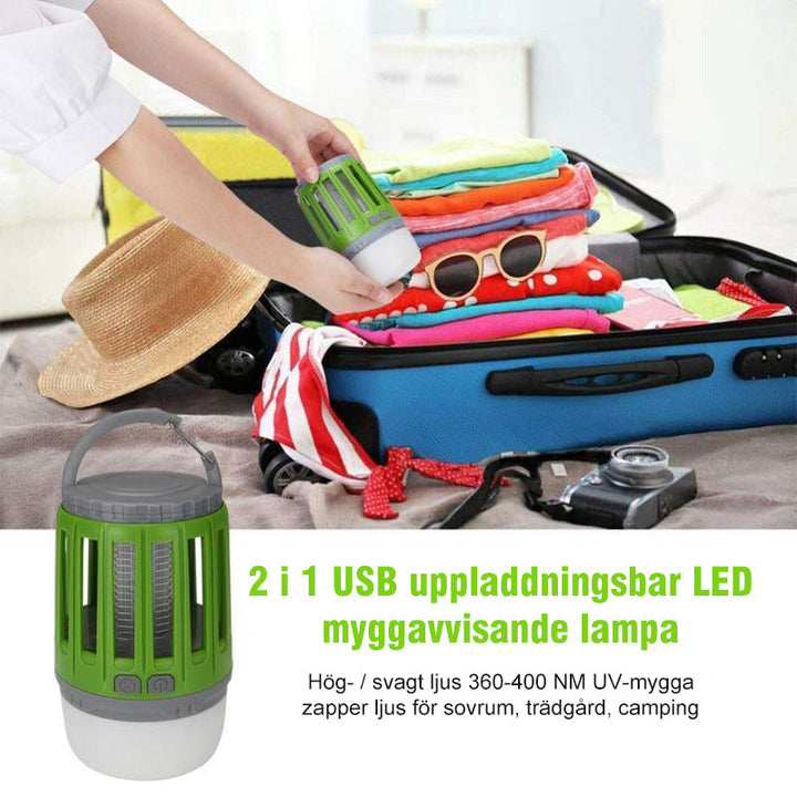 LED campinglampa, myggdödare, vattentät, grön-gul-grå, kompakt design, uppladdningsbar för utomhusbruk.