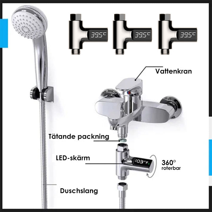 "LED-duschtermometer med 360° visning, visar vattentemperatur i realtid, färgindikator, barnsäker, ingen batteri behövs."