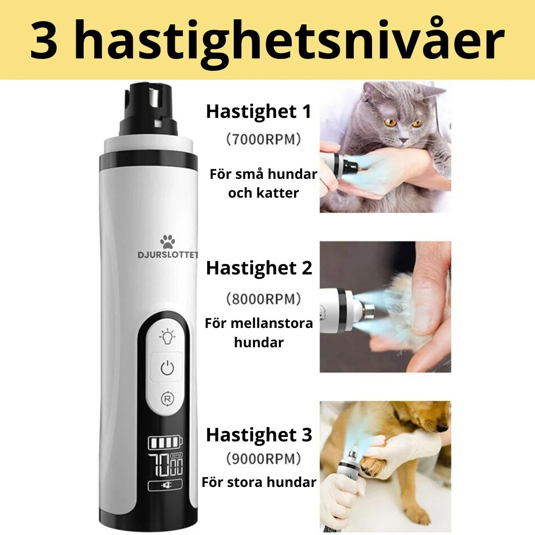 Säker & skonsam elektrisk nagelfil/klofil med LED för stressfri klotrimning av husdjur, hund & katt.
