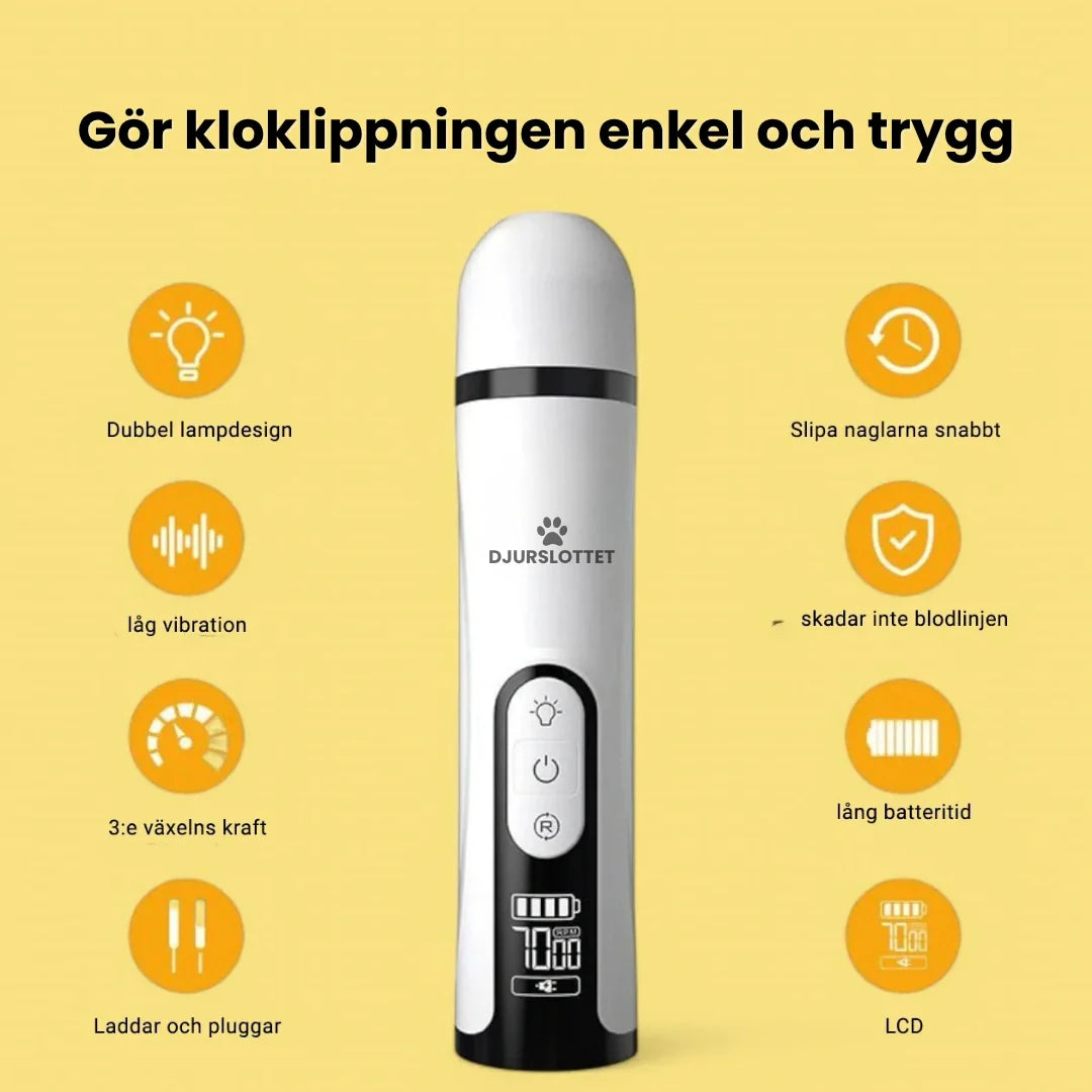 Elektrisk klofil/nagelfil för hundar & katter, med LED-ljus för säker, tyst och skonsam klotrimning.