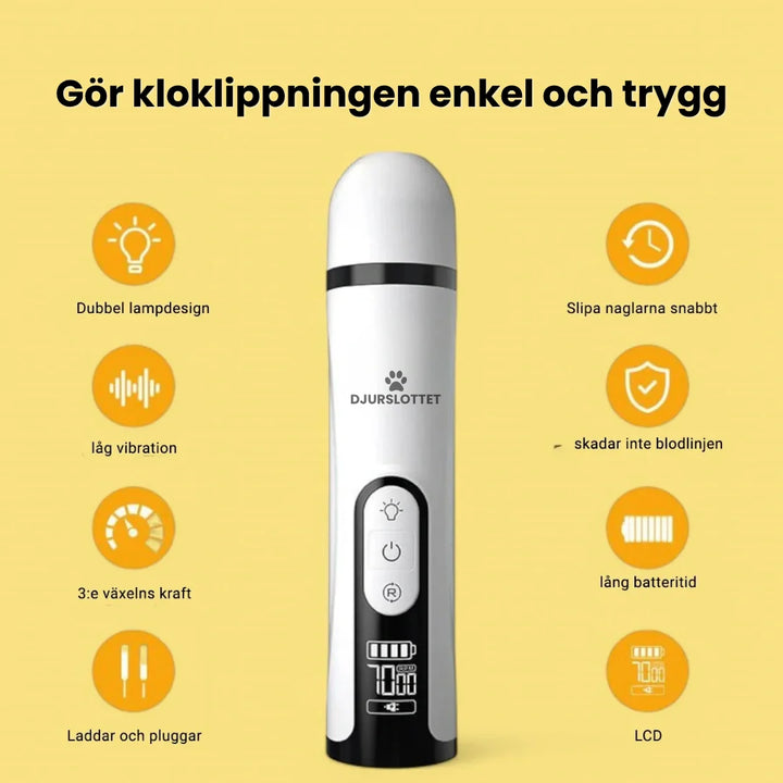 Elektrisk klofil/nagelfil för hundar & katter, med LED-ljus för säker, tyst och skonsam klotrimning.