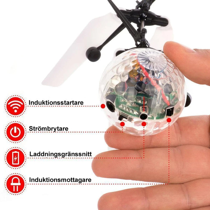 "LED flygande boll för barn med färgglad belysning, transparent kropp och inbyggda svävsensorer, säker och lekvänlig."