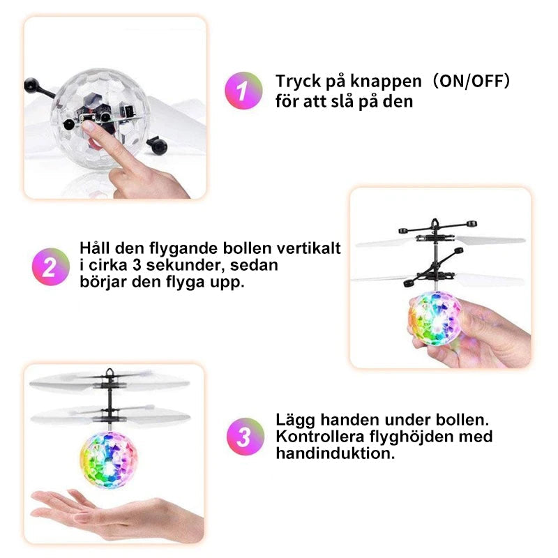 "LED flygande boll för barn med färgglad belysning, transparent kropp och inbyggda svävsensorer, säker och lekvänlig."