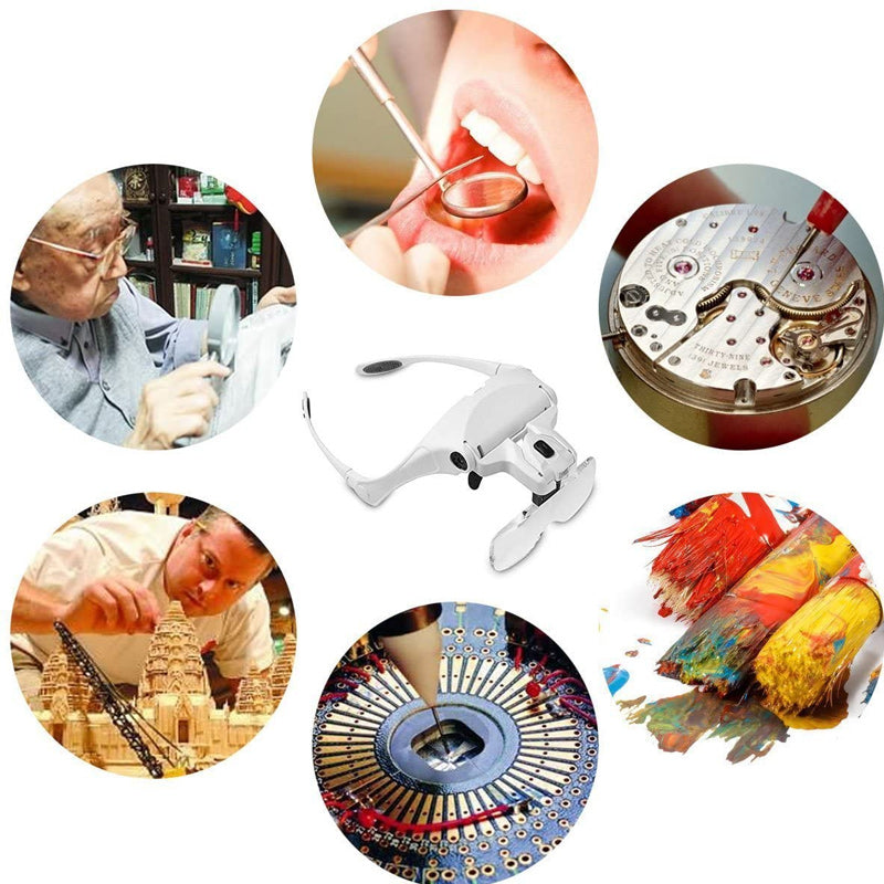 "LED-förstoringsglas för arbete med fem justerbara linser och starka LED-lampor, idealiskt för precisionsuppgifter."