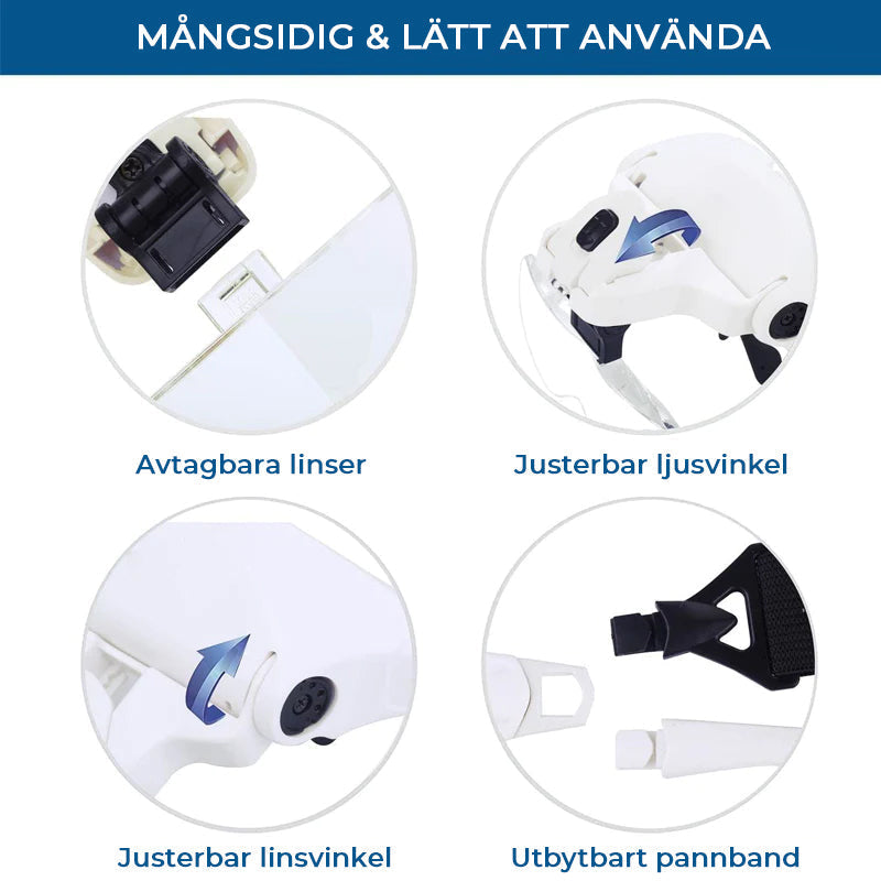 "LED-förstoringsglas för arbete med fem justerbara linser och starka LED-lampor, idealiskt för precisionsuppgifter."