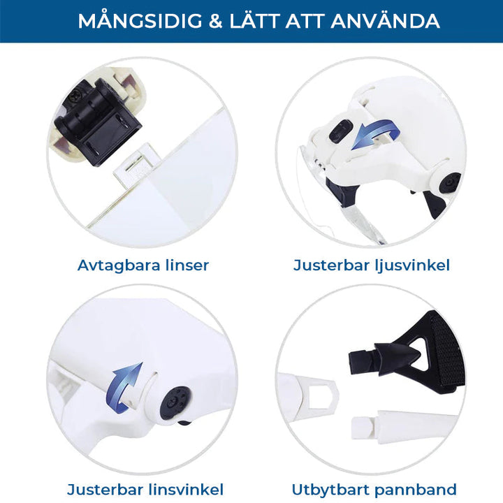 "LED-förstoringsglas för arbete med fem justerbara linser och starka LED-lampor, idealiskt för precisionsuppgifter."