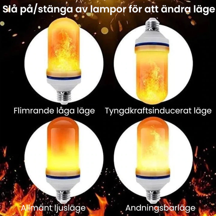 "LED gravitationseffekt eldljus med orange flamma, skapar atmosfär med realistisk rörlig låga, justerbar i tre lägen."