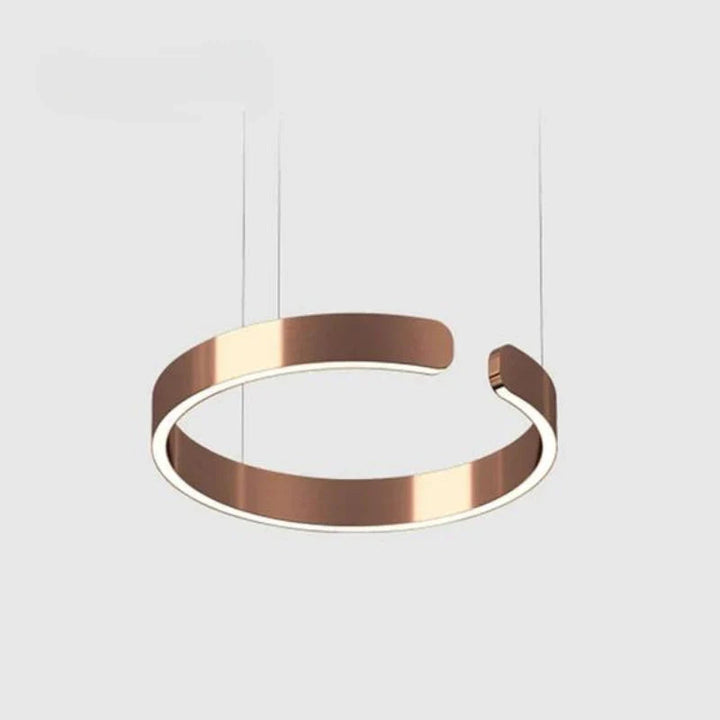 Skulptural LED-hänglampa med dubbla ringar, modern designtaklampa för elegant inomhusbelysning.