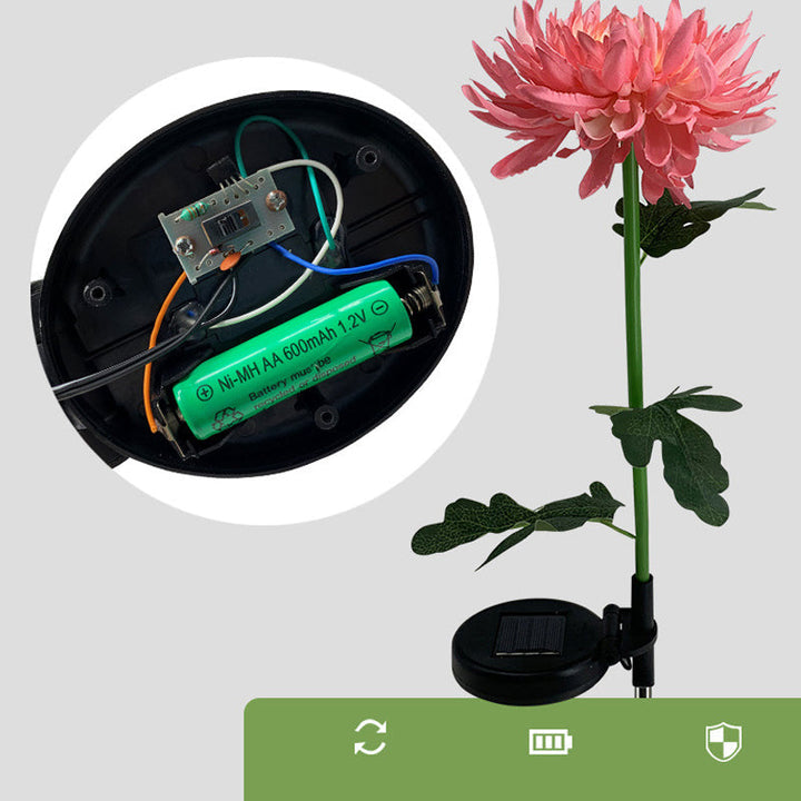 "LED krysantemum soldriven lampa, färgskiftande blomdesign, skapar magisk atmosfär, vattentät IP55 för utomhusbruk."