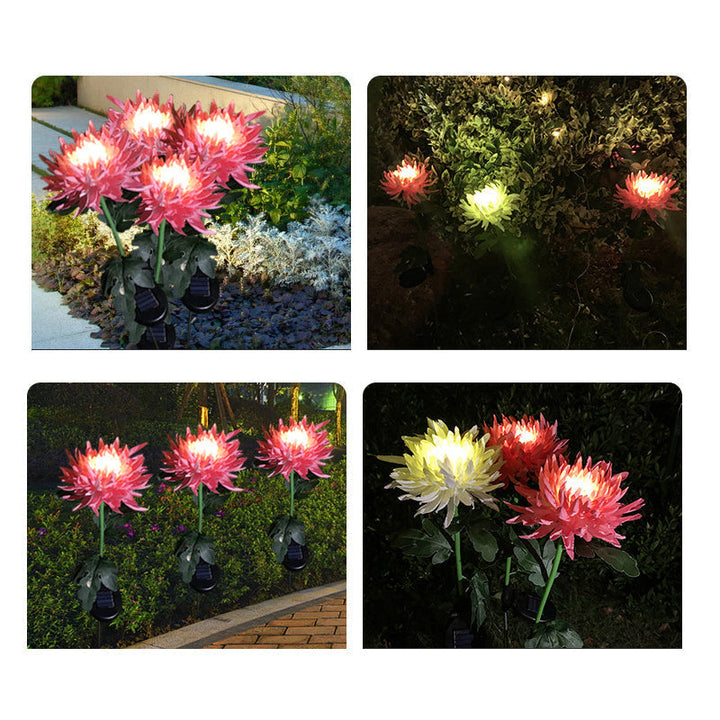 "LED krysantemum soldriven lampa, färgskiftande blomdesign, skapar magisk atmosfär, vattentät IP55 för utomhusbruk."