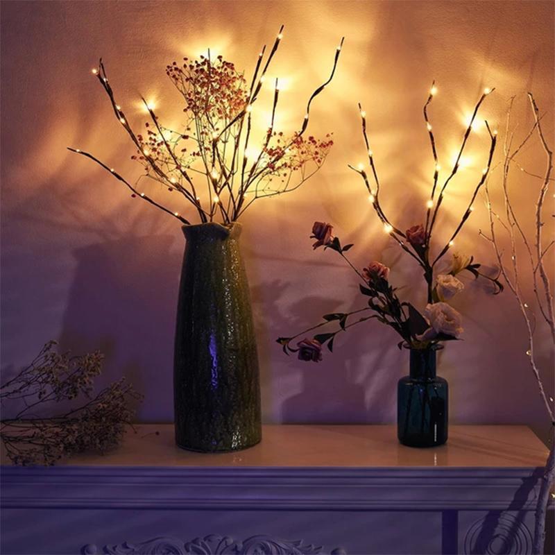 "LED kvistljus med varmvit glöd, naturlig design, 5-10 kvistar, 20-40 LED-lampor, elegant och stämningsfull belysning"