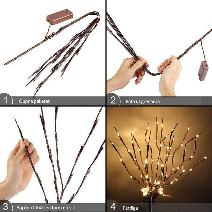 "LED kvistljus med varmvit glöd, naturlig design, 5-10 kvistar, 20-40 LED-lampor, elegant och stämningsfull belysning"