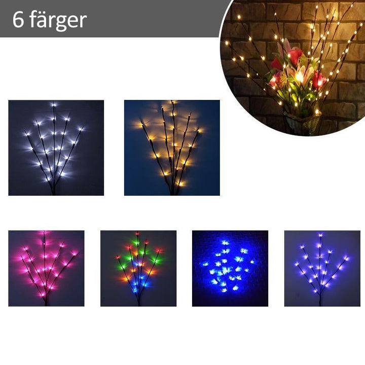"LED kvistljus med varmvit glöd, naturlig design, 5-10 kvistar, 20-40 LED-lampor, elegant och stämningsfull belysning"